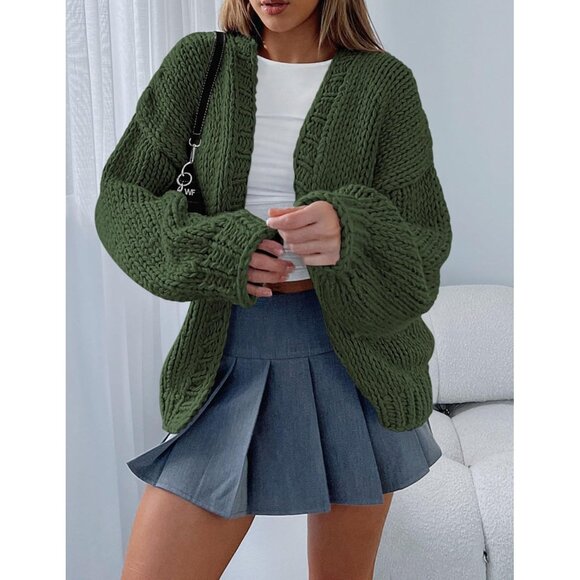 Womens Trendy Cardigan Sweaters Fall Army Green Long Sleeve Chunky Knit Outfits - Picture 7 of 8